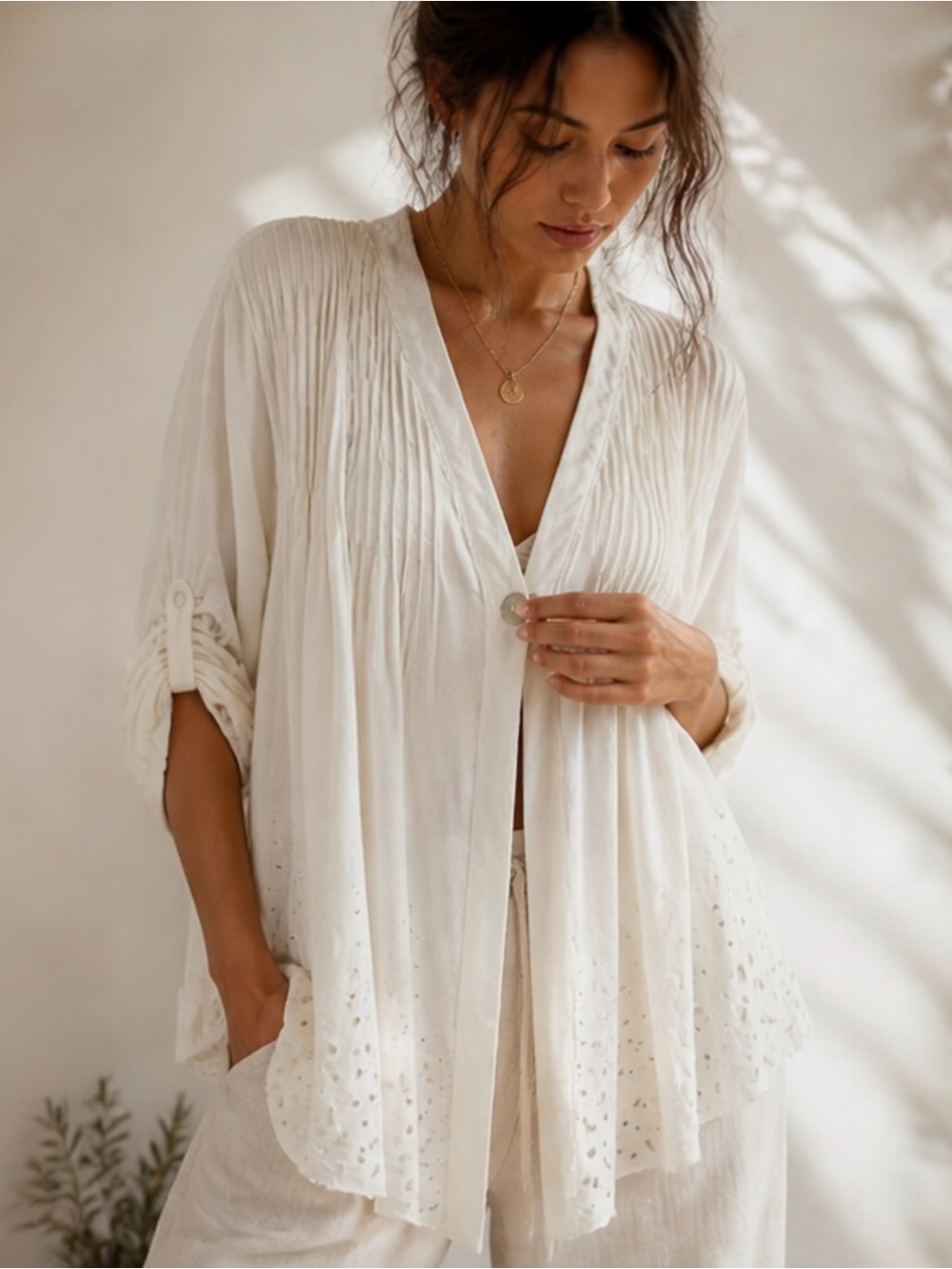 Elizabeth and James Tokyo 100% Silk Top Ivory Boho Tunic Cardigan Blouse Small